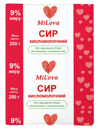 Сир кисломолочний MiLova 9% жиру для харчування дітей дошкільного і шкільного віку, 250г